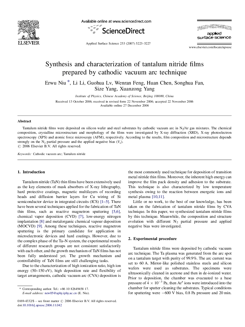 Synthesis and characterization of tantalum nitride films prepared by cathodic vacuum arc technique