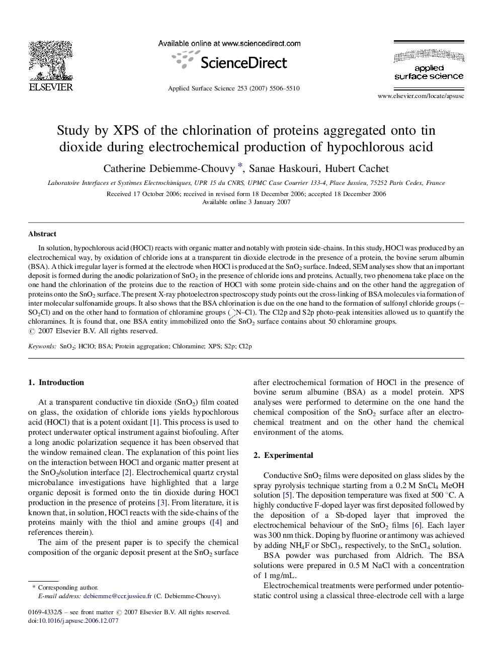 Study by XPS of the chlorination of proteins aggregated onto tin dioxide during electrochemical production of hypochlorous acid