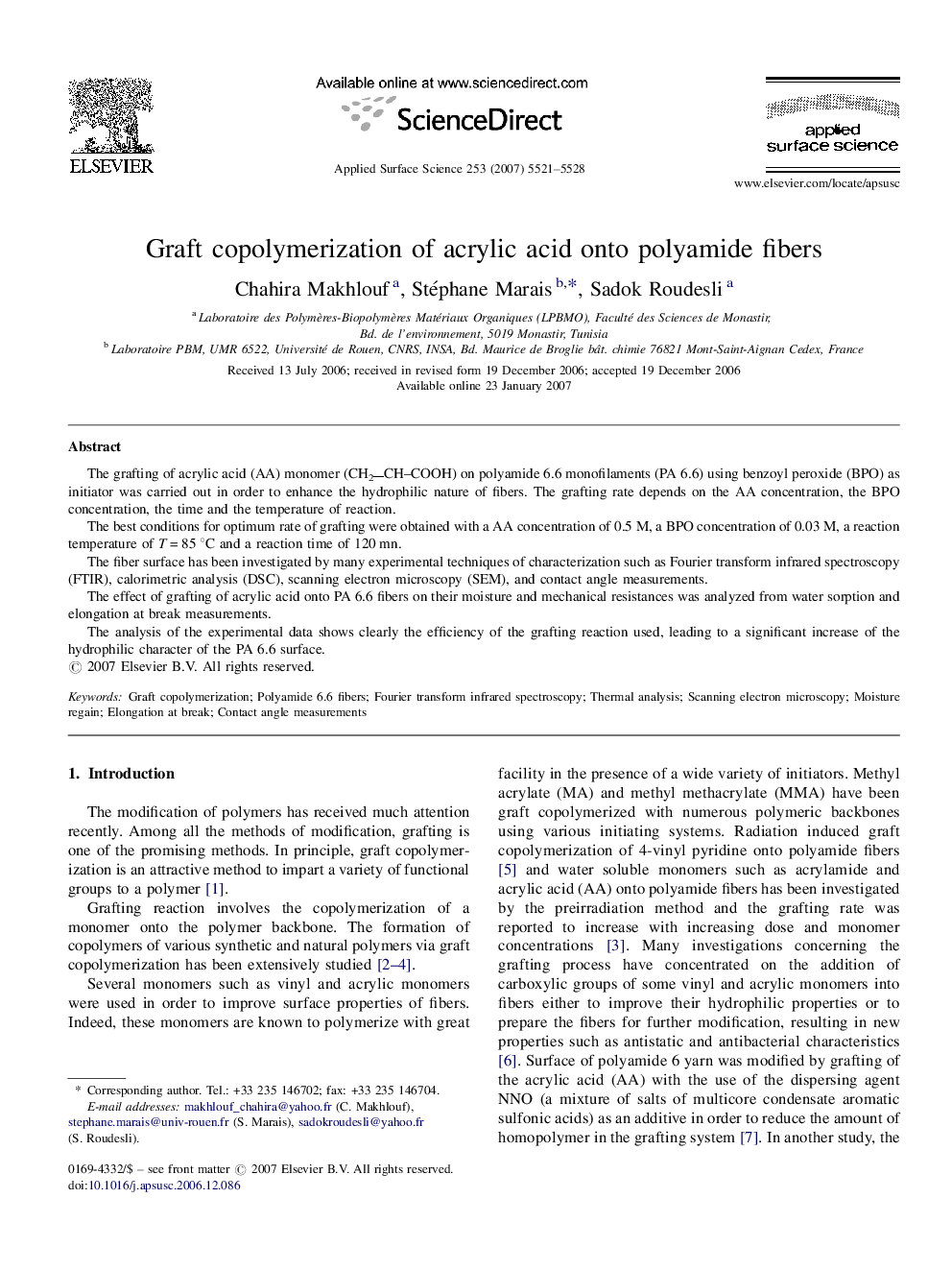 Graft copolymerization of acrylic acid onto polyamide fibers