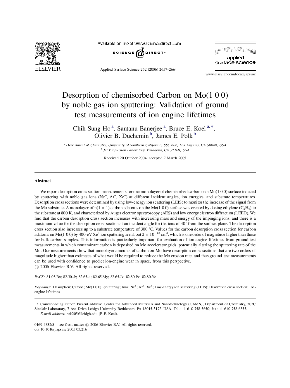Desorption of chemisorbed Carbon on Mo(1 0 0) by noble gas ion sputtering: Validation of ground test measurements of ion engine lifetimes