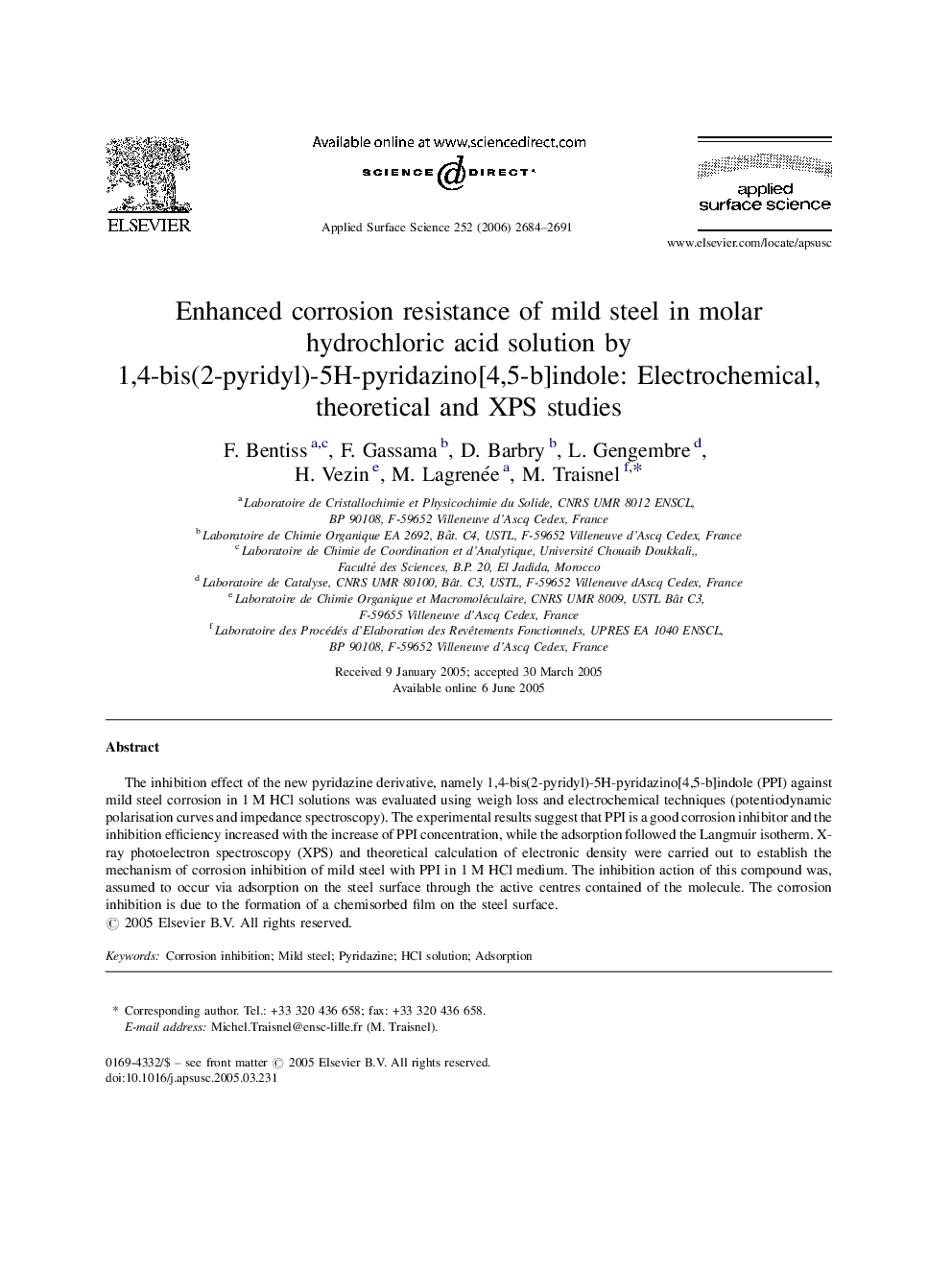 Enhanced corrosion resistance of mild steel in molar hydrochloric acid solution by 1,4-bis(2-pyridyl)-5H-pyridazino[4,5-b]indole: Electrochemical, theoretical and XPS studies