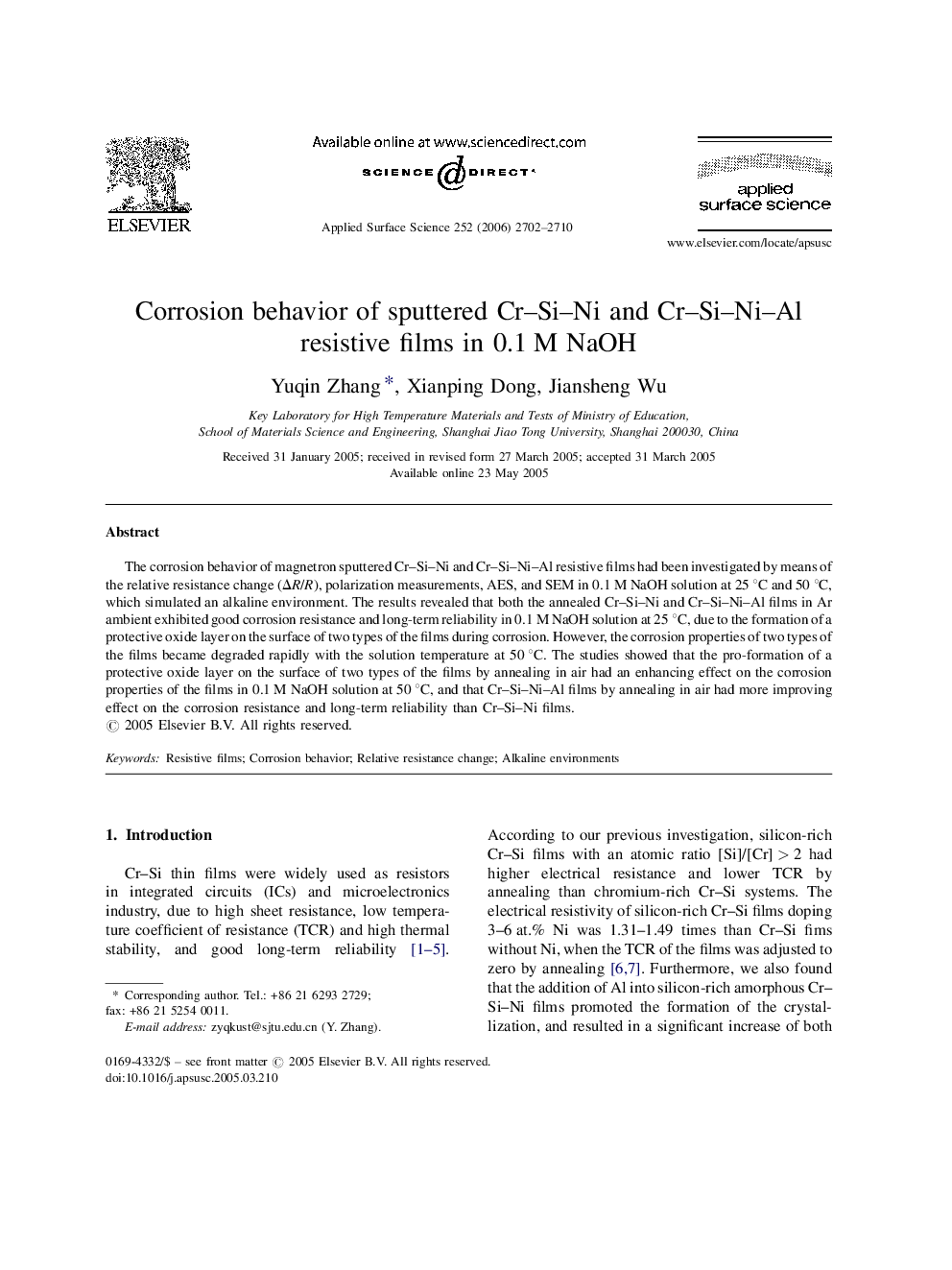 Corrosion behavior of sputtered Cr-Si-Ni and Cr-Si-Ni-Al resistive films in 0.1Â M NaOH