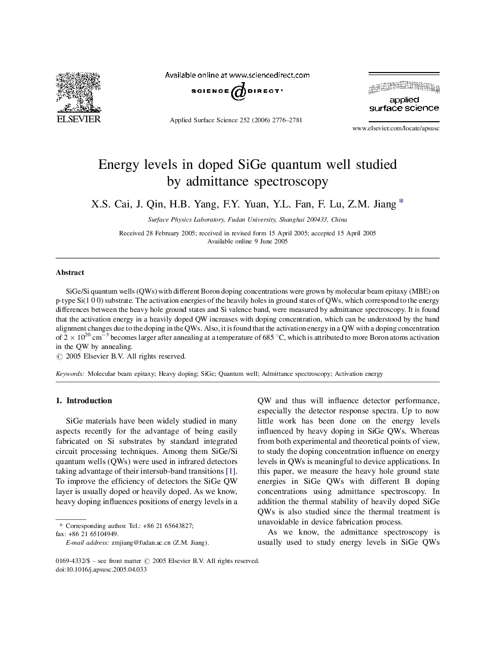 Energy levels in doped SiGe quantum well studied by admittance spectroscopy