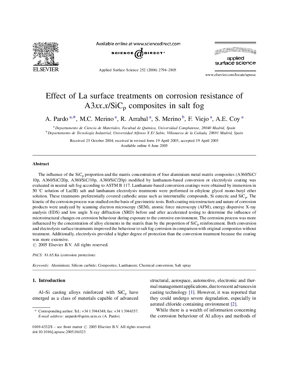 Effect of La surface treatments on corrosion resistance of A3xx.x/SiCp composites in salt fog