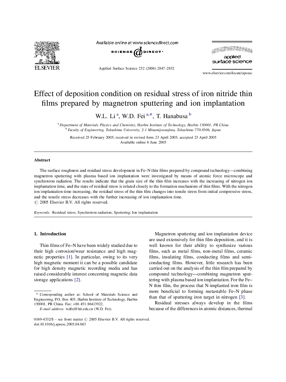 Effect of deposition condition on residual stress of iron nitride thin films prepared by magnetron sputtering and ion implantation