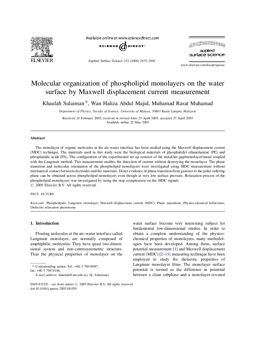 Molecular organization of phospholipid monolayers on the water surface by Maxwell displacement current measurement