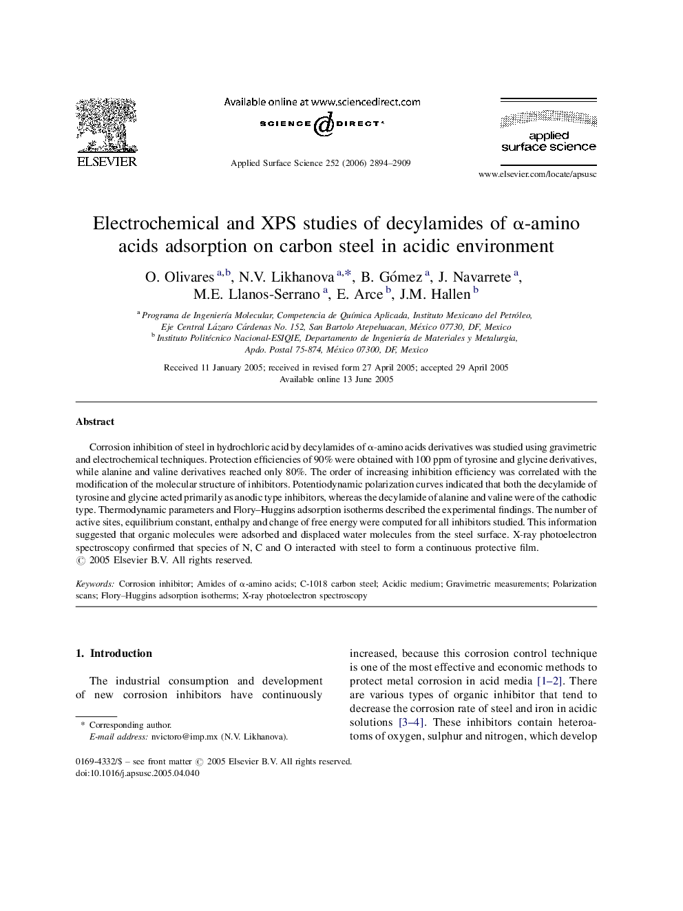 Electrochemical and XPS studies of decylamides of Î±-amino acids adsorption on carbon steel in acidic environment