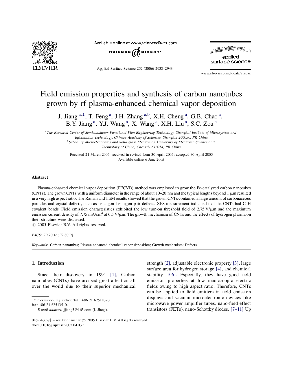 Field emission properties and synthesis of carbon nanotubes grown by rf plasma-enhanced chemical vapor deposition