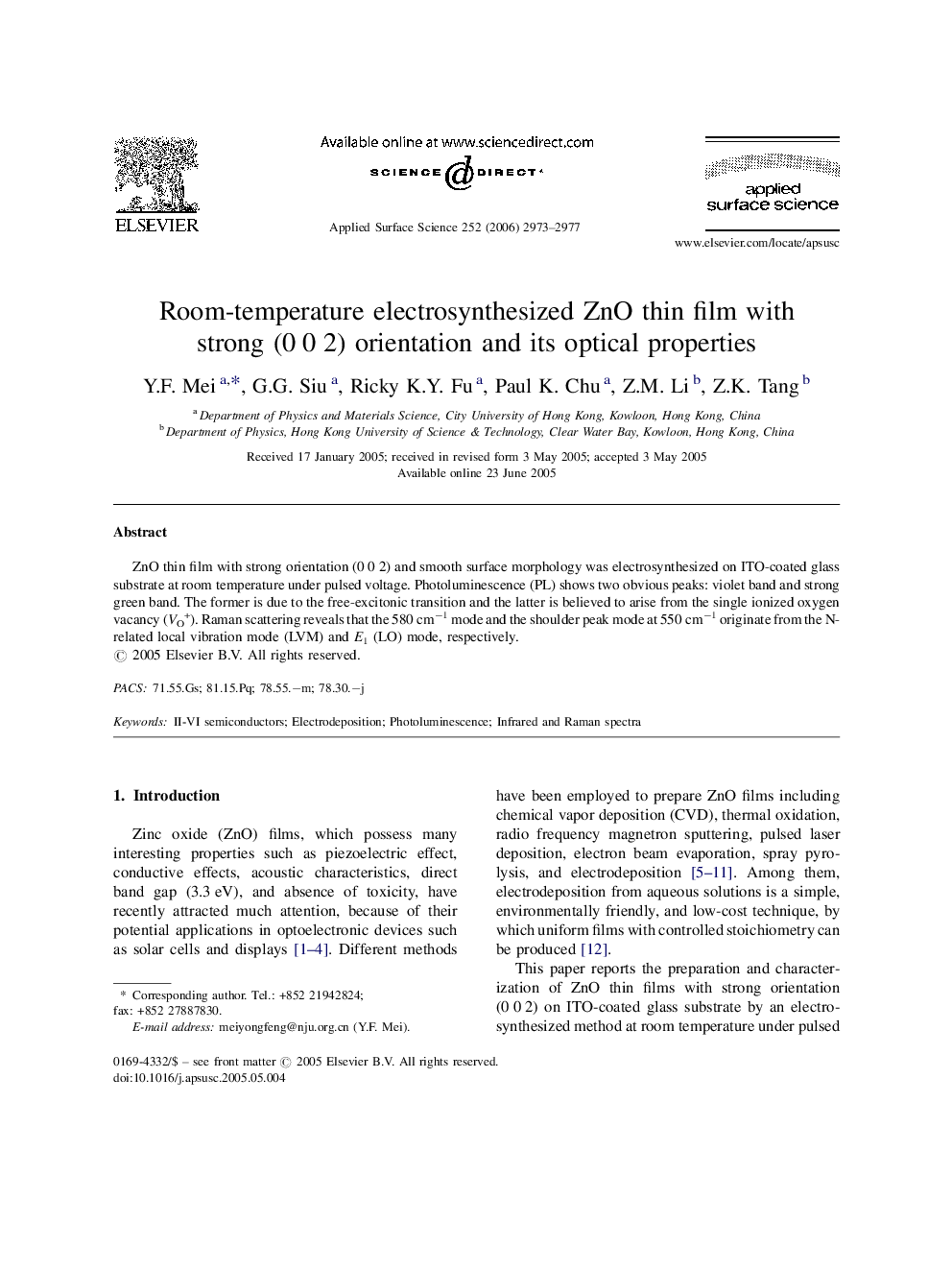 Room-temperature electrosynthesized ZnO thin film with strong (0 0 2) orientation and its optical properties