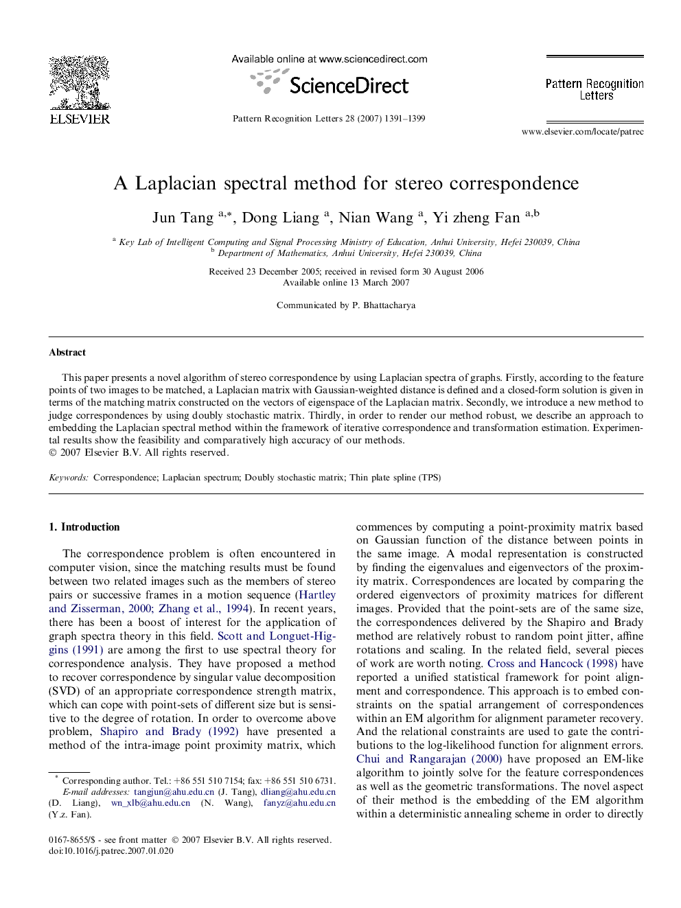 A Laplacian spectral method for stereo correspondence