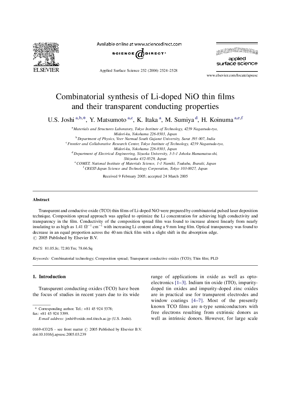 Combinatorial synthesis of Li-doped NiO thin films and their transparent conducting properties