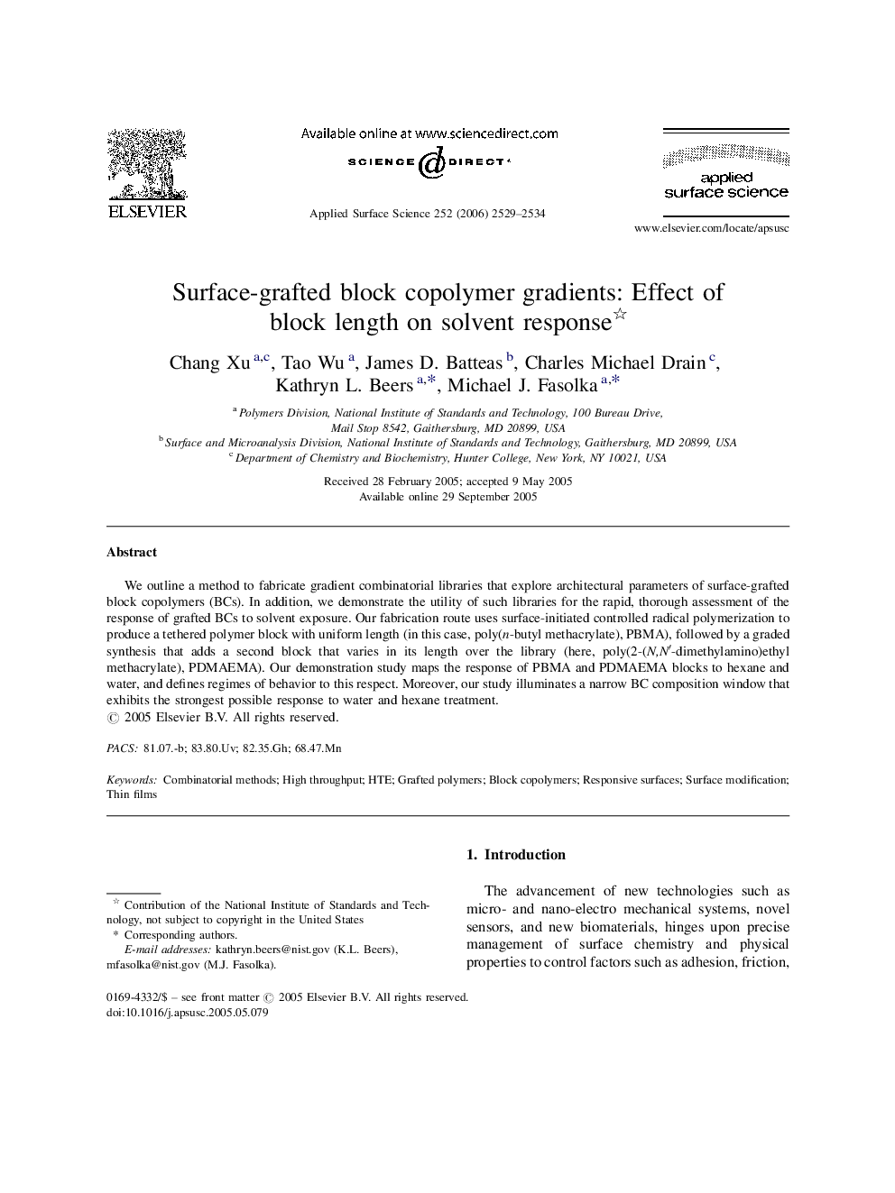 عکس صفحه اول مقاله: Surface-grafted block copolymer gradients: Effect of block length on solvent response Surface-grafted block copolymer gradients: Effect of block length on solvent response