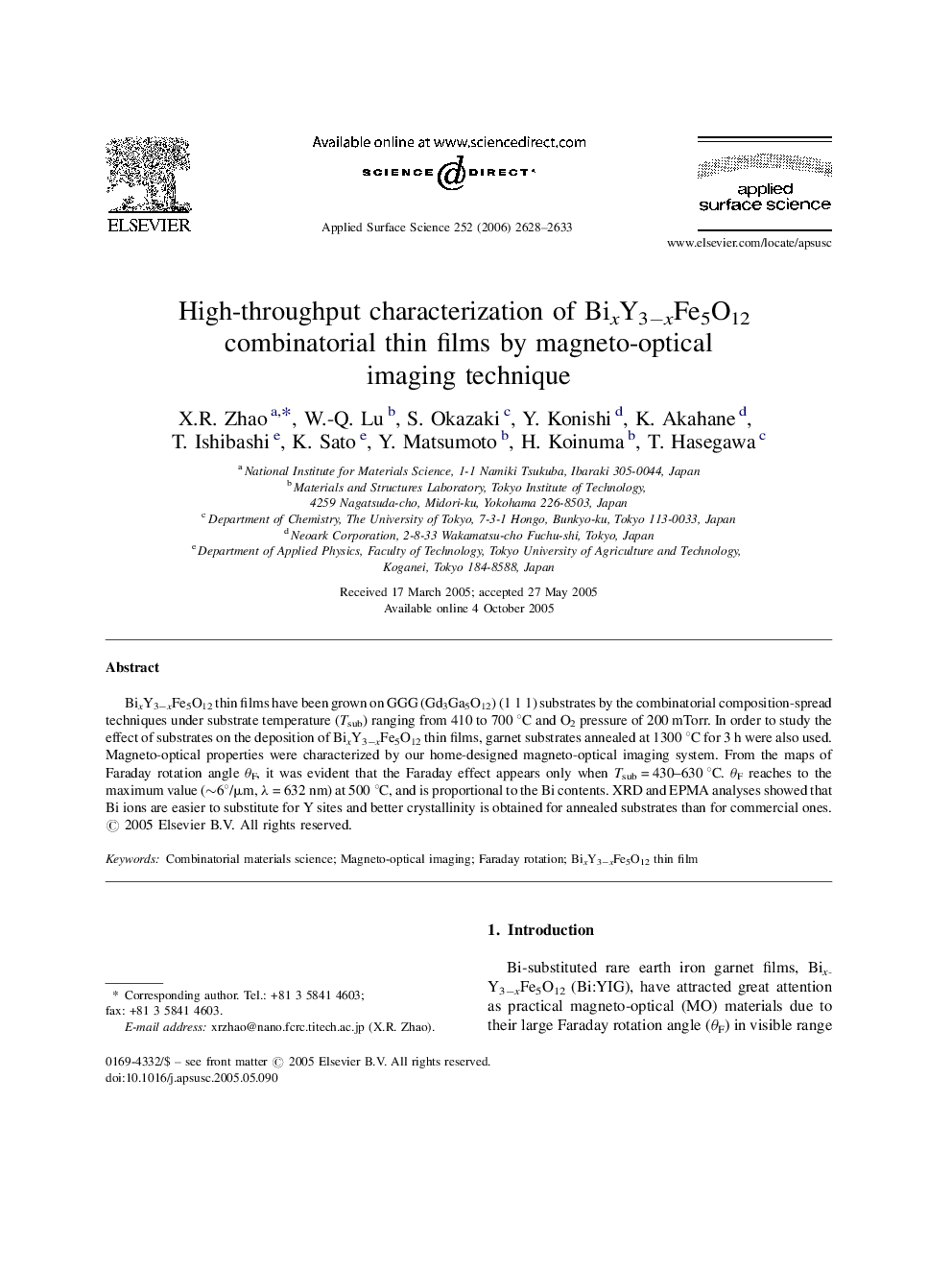 High-throughput characterization of BixY3âxFe5O12 combinatorial thin films by magneto-optical imaging technique