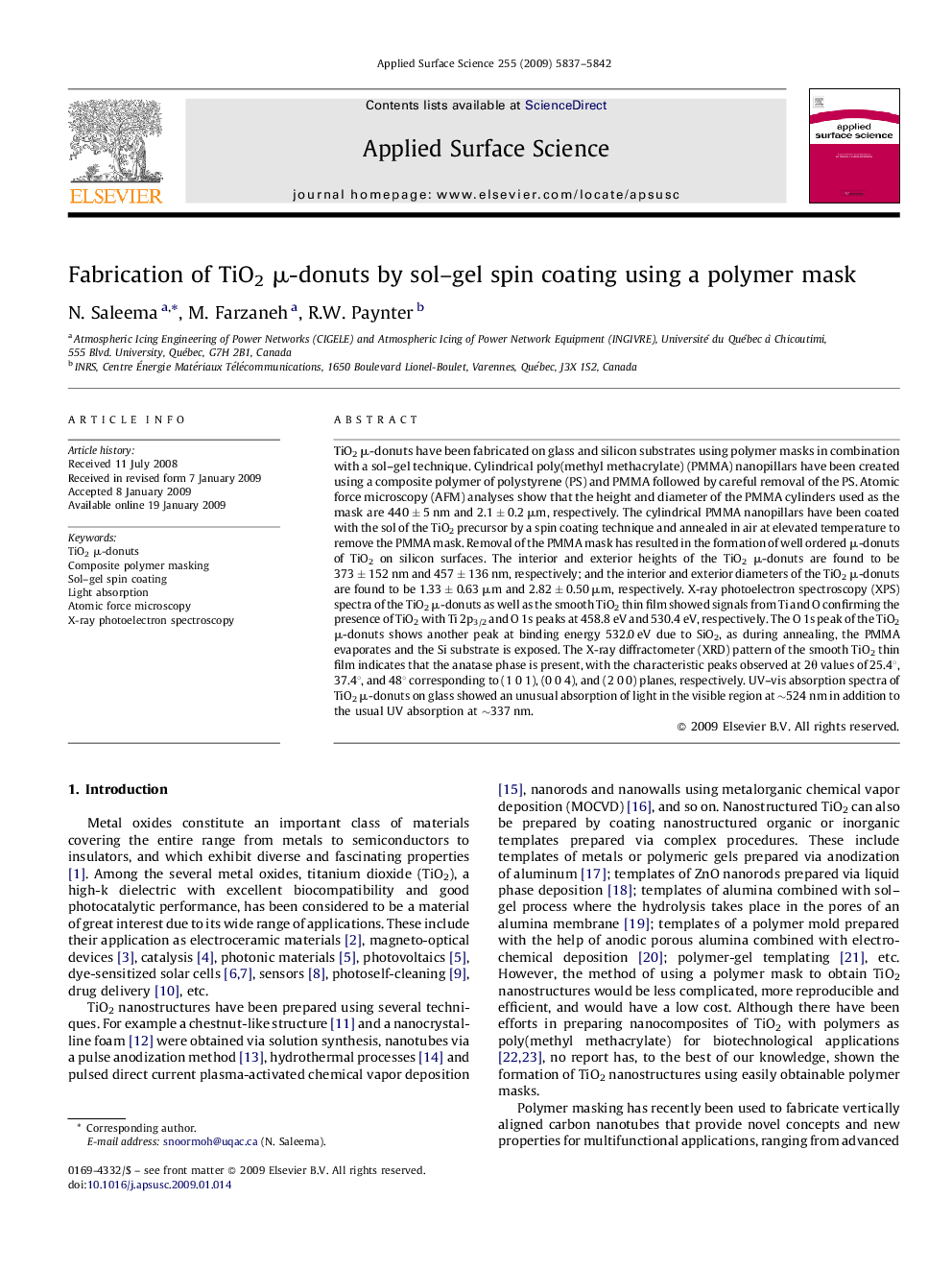 عکس صفحه اول مقاله: Fabrication of TiO2 μ-donuts by sol-gel spin coating using a polymer mask Fabrication of TiO2 μ-donuts by sol-gel spin coating using a polymer mask