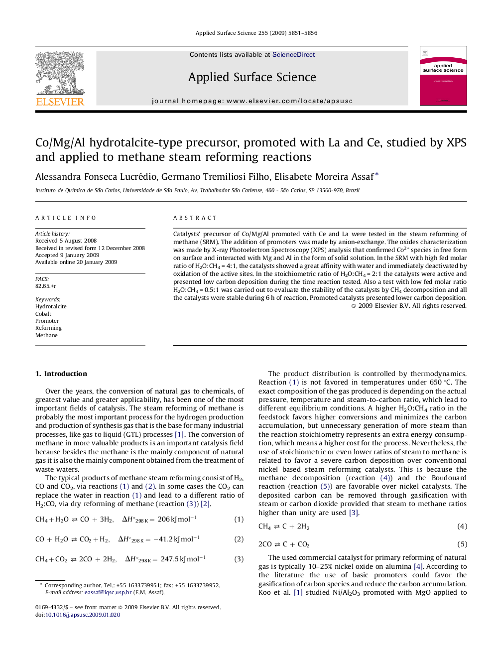 Co/Mg/Al hydrotalcite-type precursor, promoted with La and Ce, studied by XPS and applied to methane steam reforming reactions