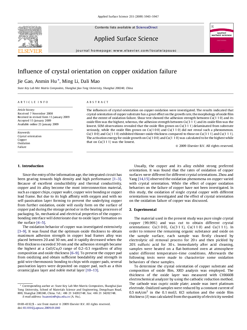 Influence of crystal orientation on copper oxidation failure