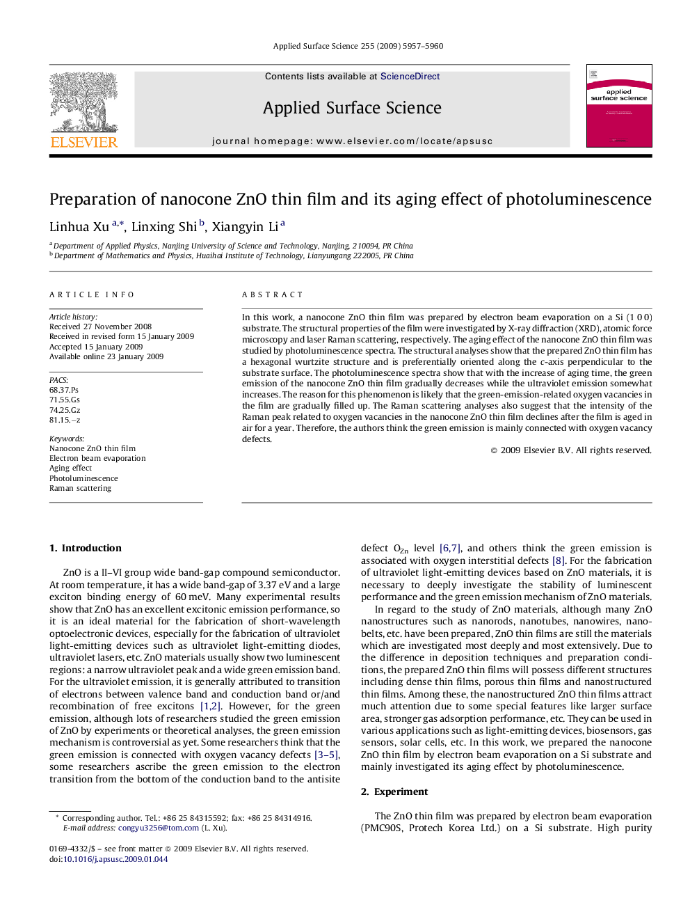 Preparation of nanocone ZnO thin film and its aging effect of photoluminescence