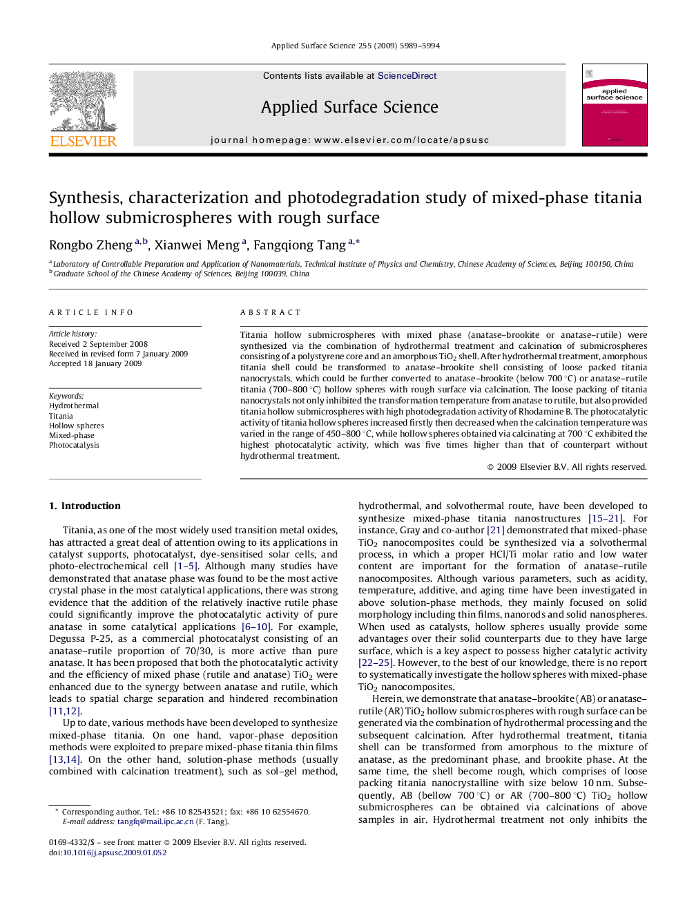 Synthesis, characterization and photodegradation study of mixed-phase titania hollow submicrospheres with rough surface