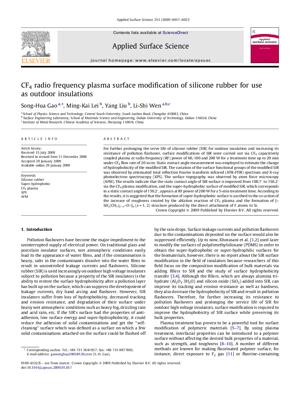 CF4 radio frequency plasma surface modification of silicone rubber for use as outdoor insulations