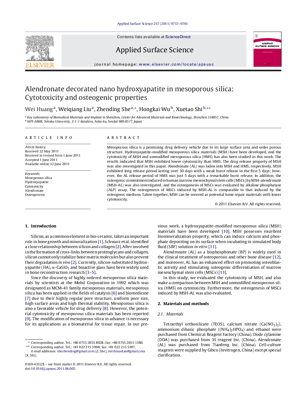 عکس صفحه اول مقاله: Alendronate decorated nano hydroxyapatite in mesoporous silica: Cytotoxicity and osteogenic properties Alendronate decorated nano hydroxyapatite in mesoporous silica: Cytotoxicity and osteogenic properties