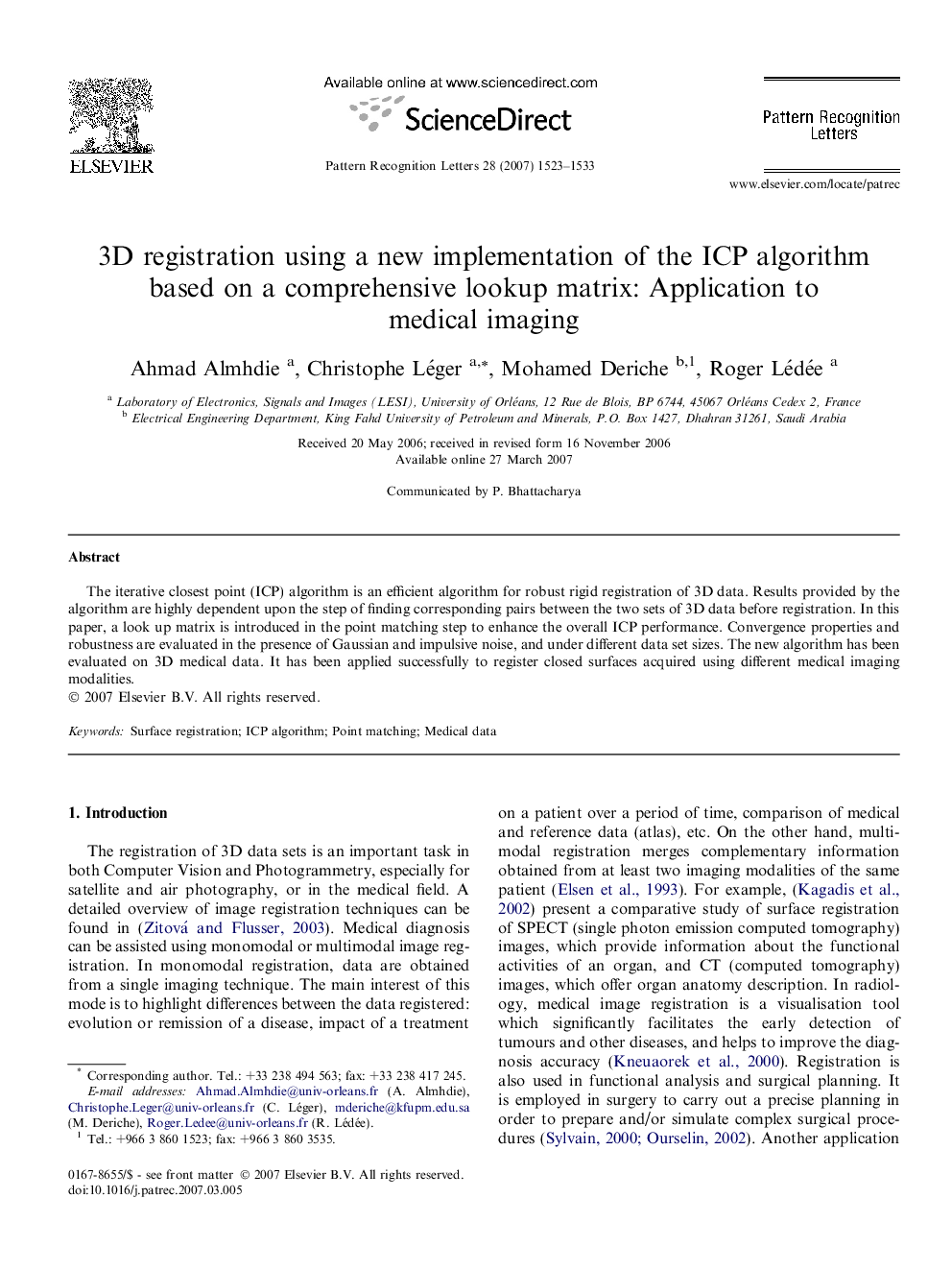 3D registration using a new implementation of the ICP algorithm based on a comprehensive lookup matrix: Application to medical imaging