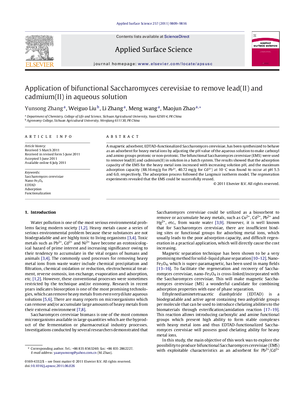 Application of bifunctional Saccharomyces cerevisiae to remove lead(II) and cadmium(II) in aqueous solution