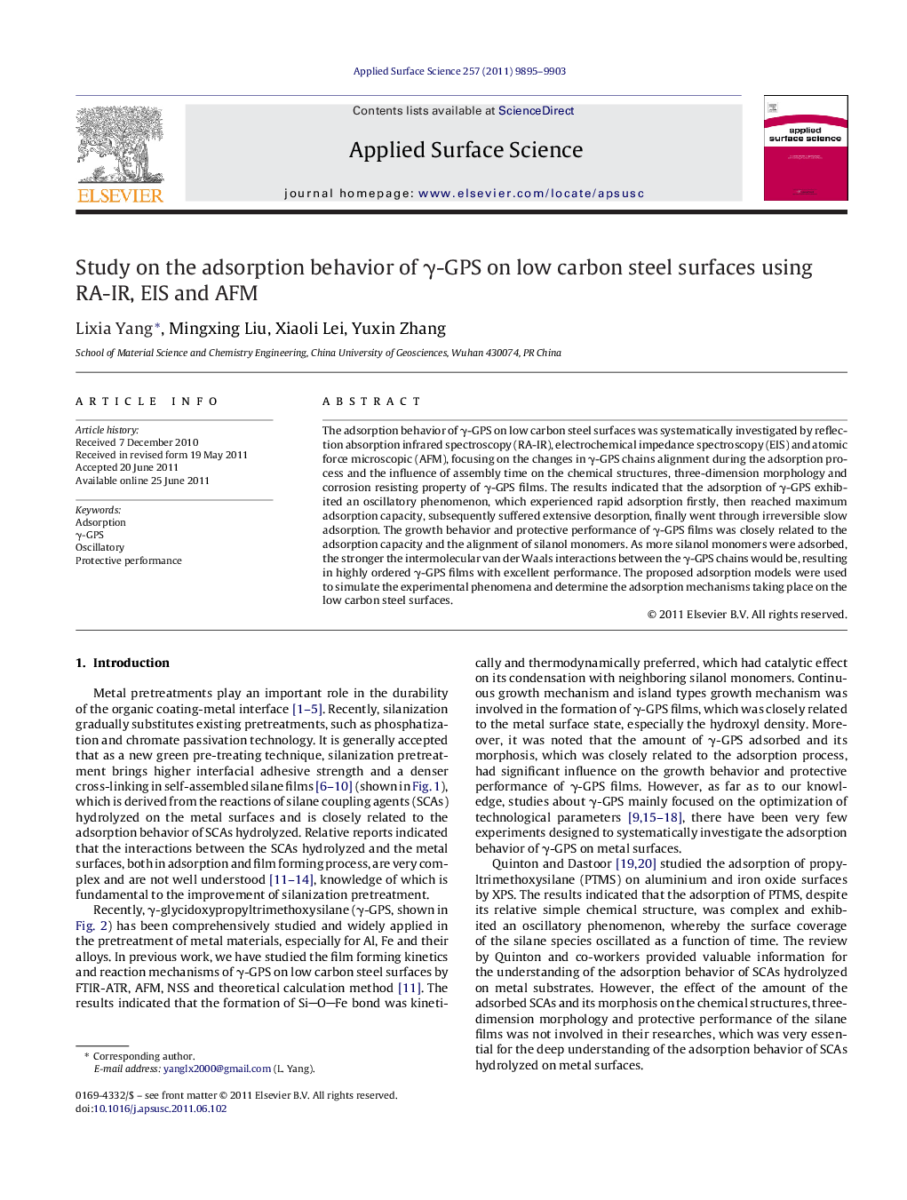 Study on the adsorption behavior of Î³-GPS on low carbon steel surfaces using RA-IR, EIS and AFM