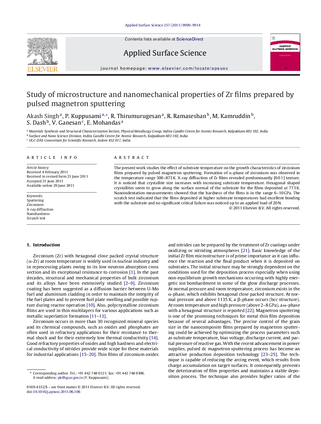 عکس صفحه اول مقاله: Study of microstructure and nanomechanical properties of Zr films prepared by pulsed magnetron sputtering Study of microstructure and nanomechanical properties of Zr films prepared by pulsed magnetron sputtering
