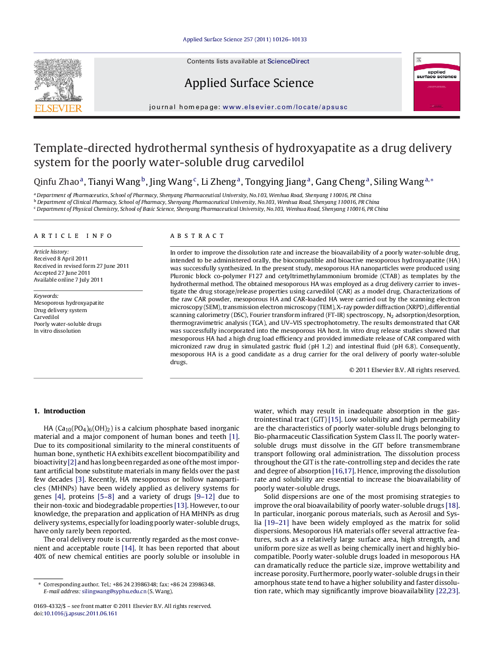 Template-directed hydrothermal synthesis of hydroxyapatite as a drug delivery system for the poorly water-soluble drug carvedilol