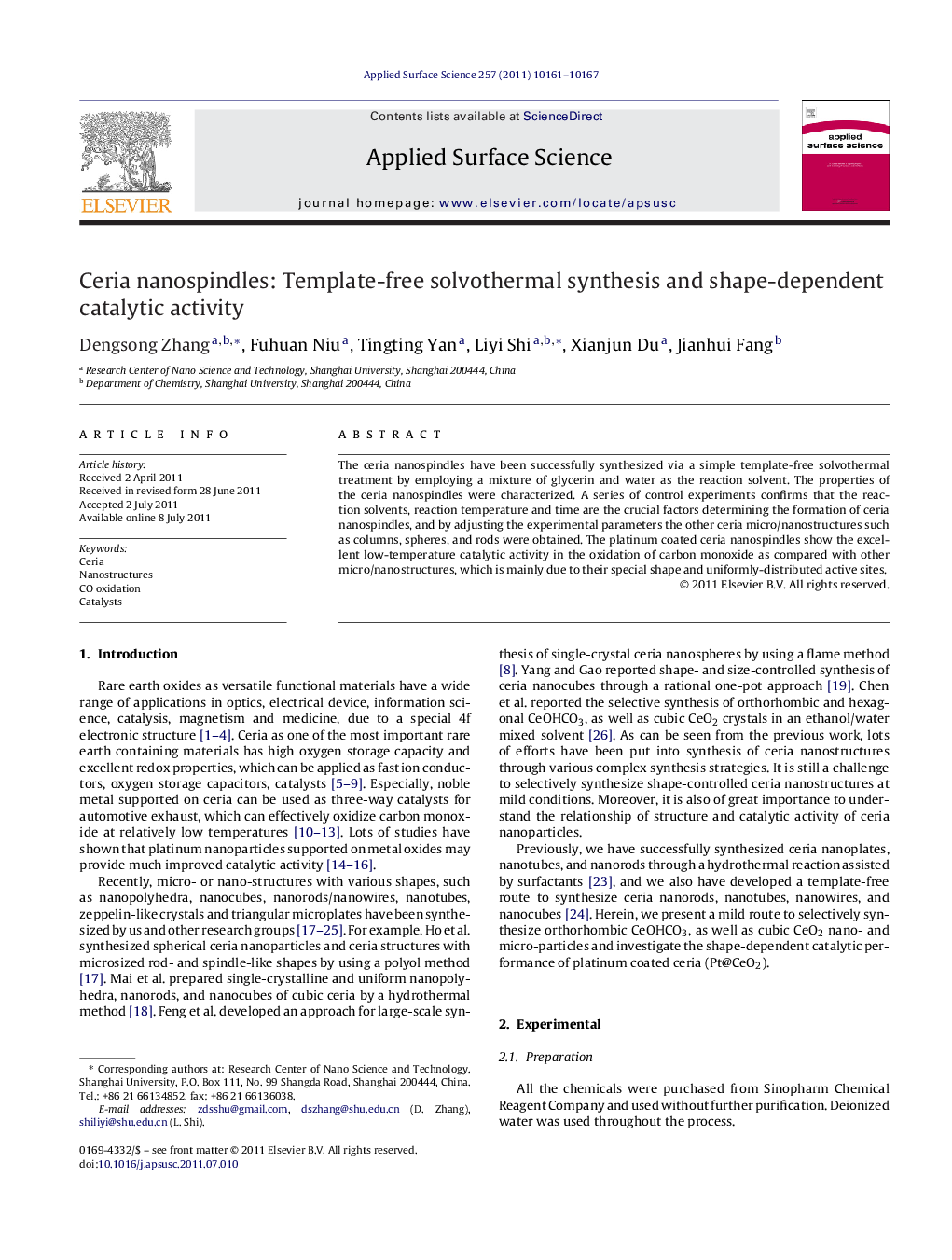 عکس صفحه اول مقاله: Ceria nanospindles: Template-free solvothermal synthesis and shape-dependent catalytic activity Ceria nanospindles: Template-free solvothermal synthesis and shape-dependent catalytic activity