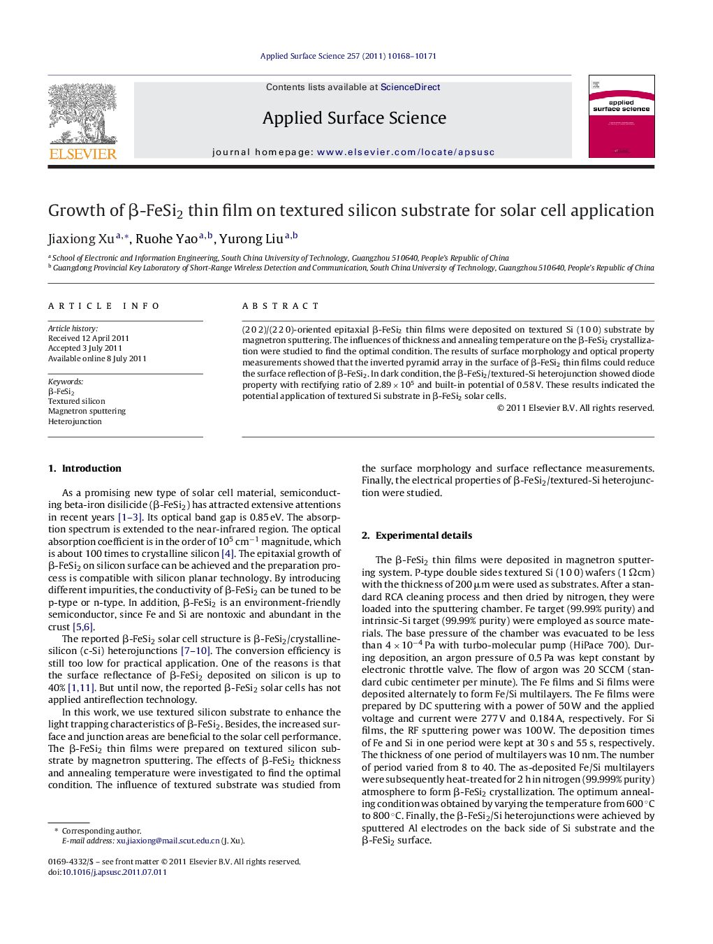 عکس صفحه اول مقاله: Growth of β-FeSi2 thin film on textured silicon substrate for solar cell application Growth of β-FeSi2 thin film on textured silicon substrate for solar cell application