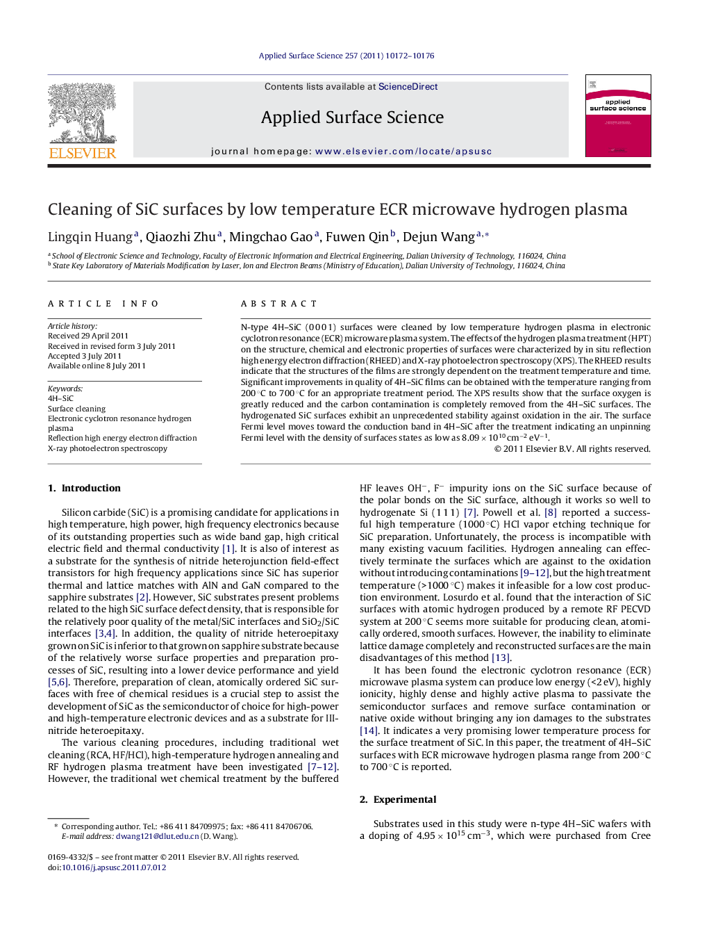 Cleaning of SiC surfaces by low temperature ECR microwave hydrogen plasma