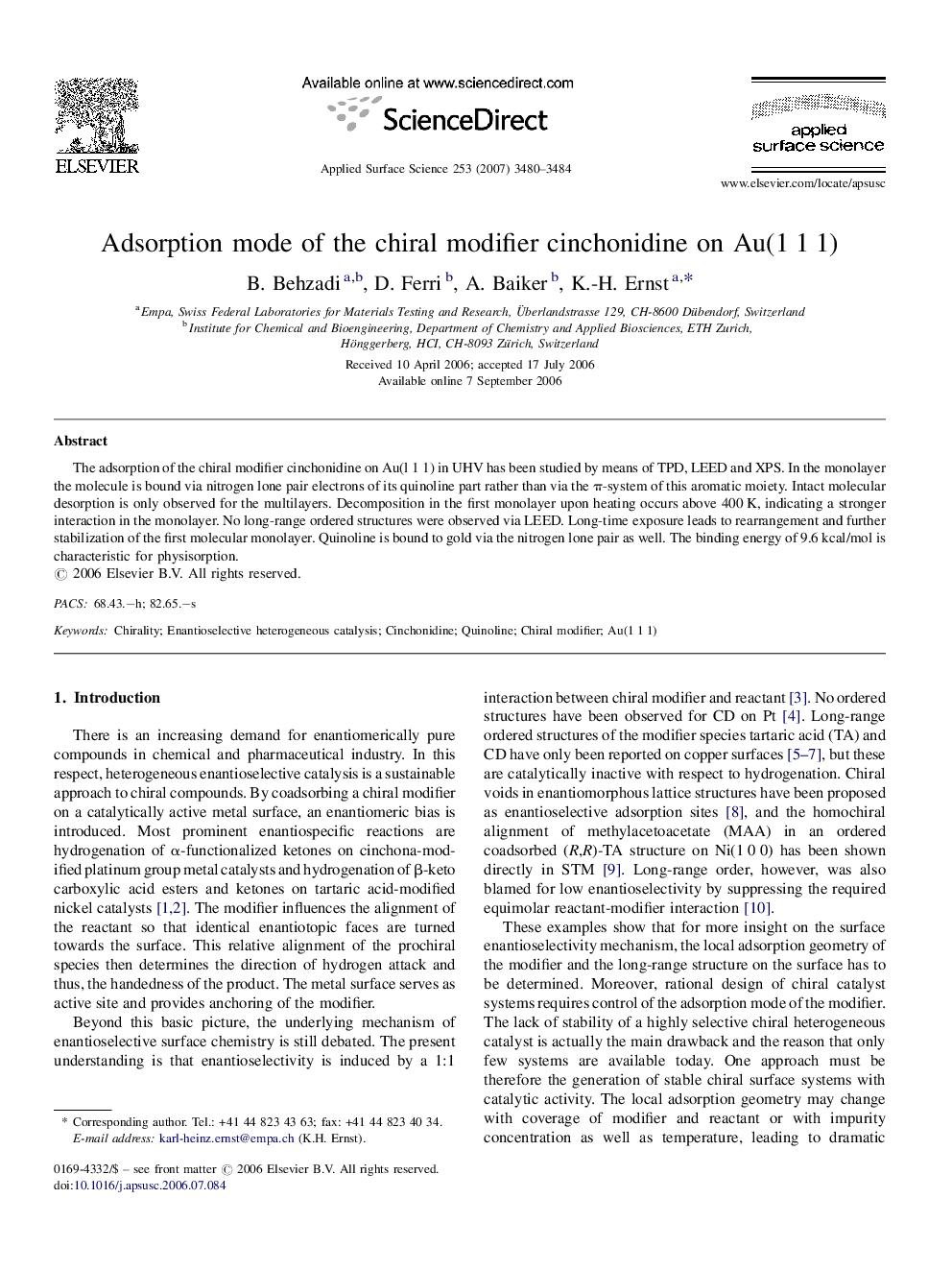 Adsorption mode of the chiral modifier cinchonidine on Au(1Â 1Â 1)
