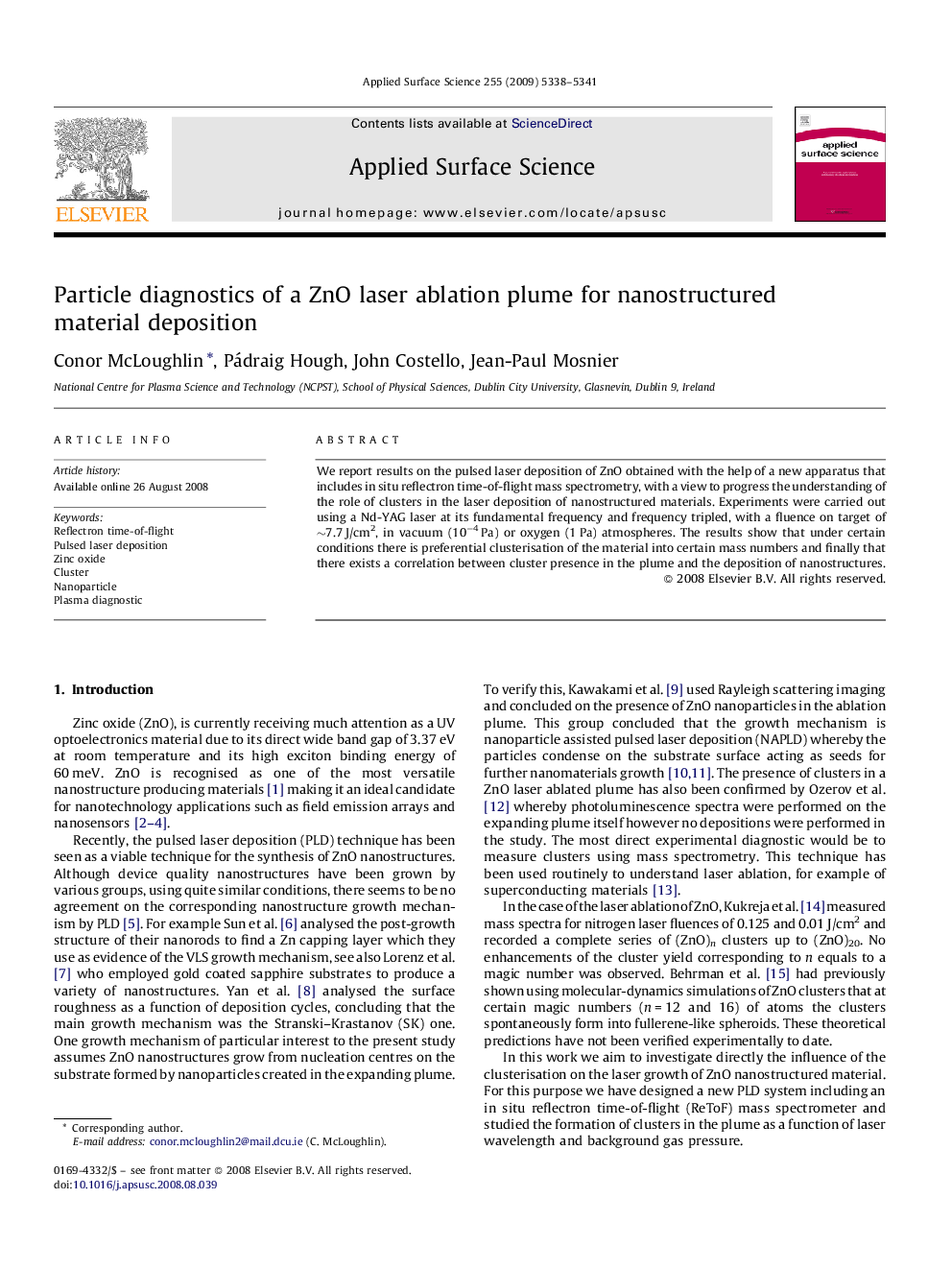 Particle diagnostics of a ZnO laser ablation plume for nanostructured material deposition