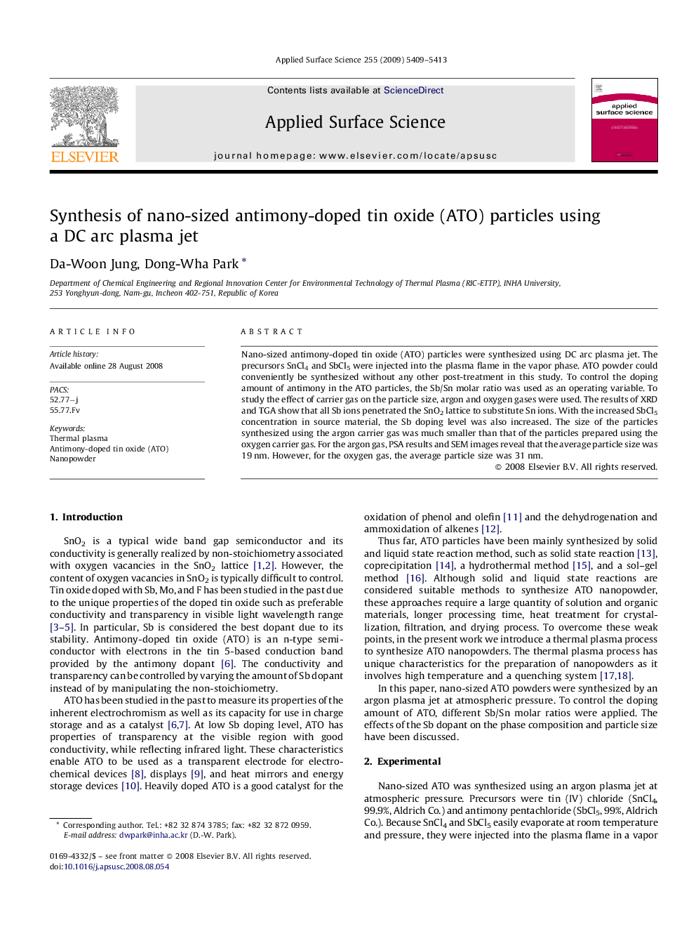 عکس صفحه اول مقاله: Synthesis of nano-sized antimony-doped tin oxide (ATO) particles using a DC arc plasma jet Synthesis of nano-sized antimony-doped tin oxide (ATO) particles using a DC arc plasma jet