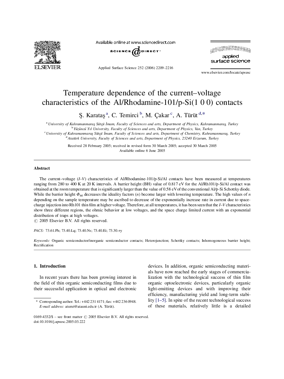 Temperature dependence of the current-voltage characteristics of the Al/Rhodamine-101/p-Si(1 0 0) contacts