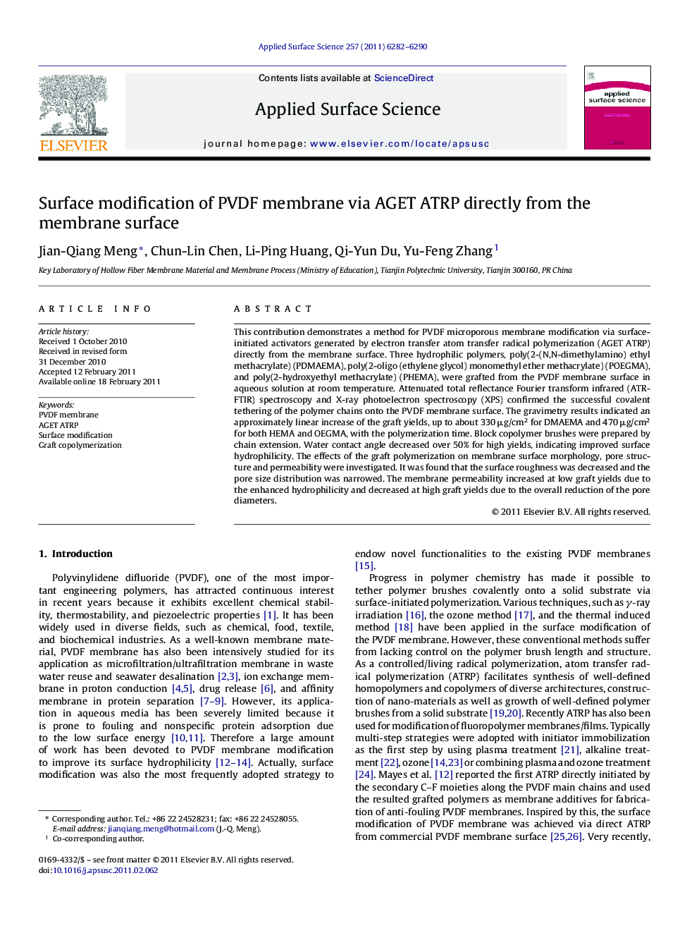 Surface modification of PVDF membrane via AGET ATRP directly from the membrane surface