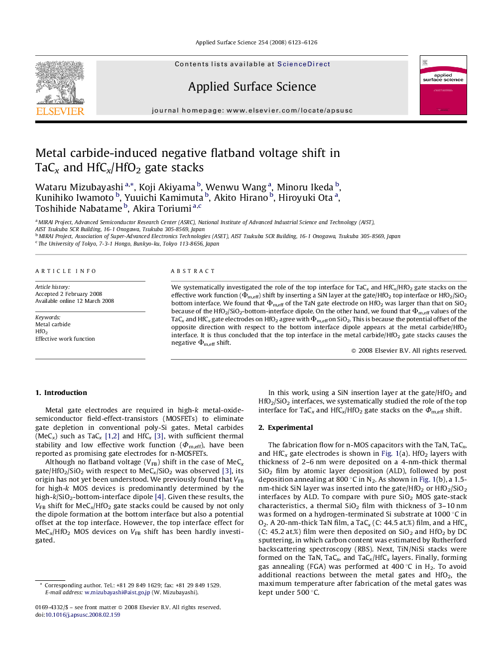 Metal carbide-induced negative flatband voltage shift in TaCx and HfCx/HfO2 gate stacks