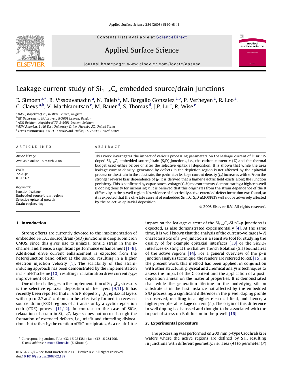 Leakage current study of Si1âxCx embedded source/drain junctions