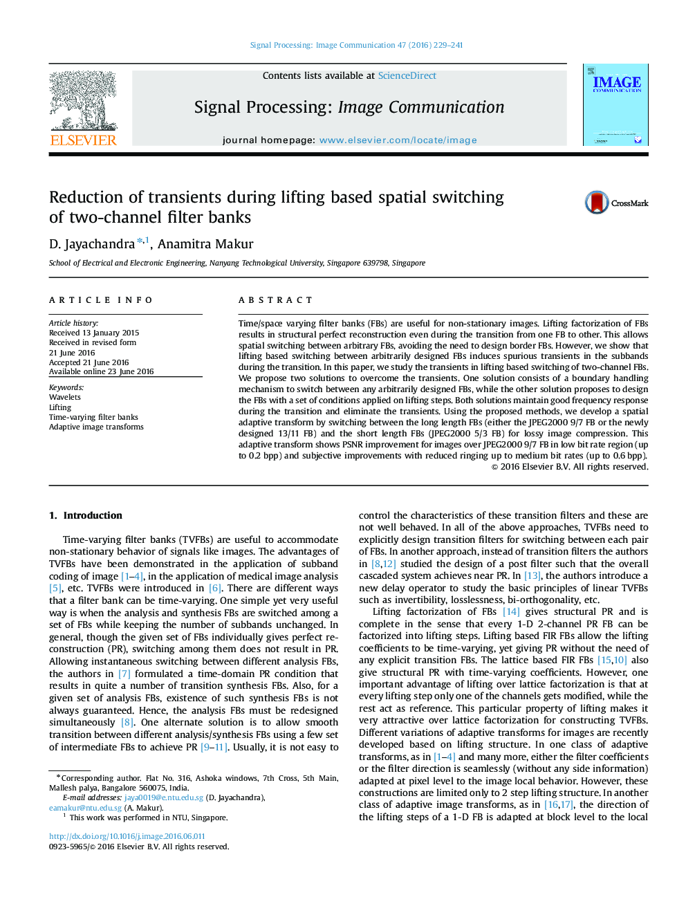 Reduction of transients during lifting based spatial switching of two-channel filter banks