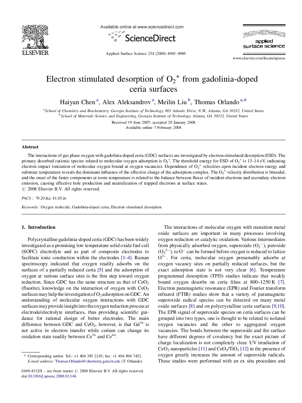 Electron stimulated desorption of O2+ from gadolinia-doped ceria surfaces