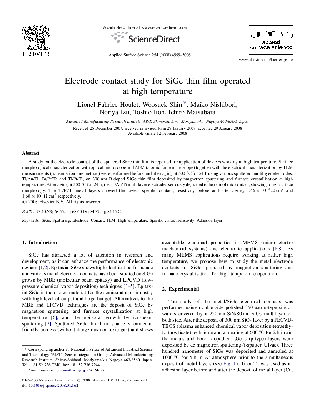 Electrode contact study for SiGe thin film operated at high temperature