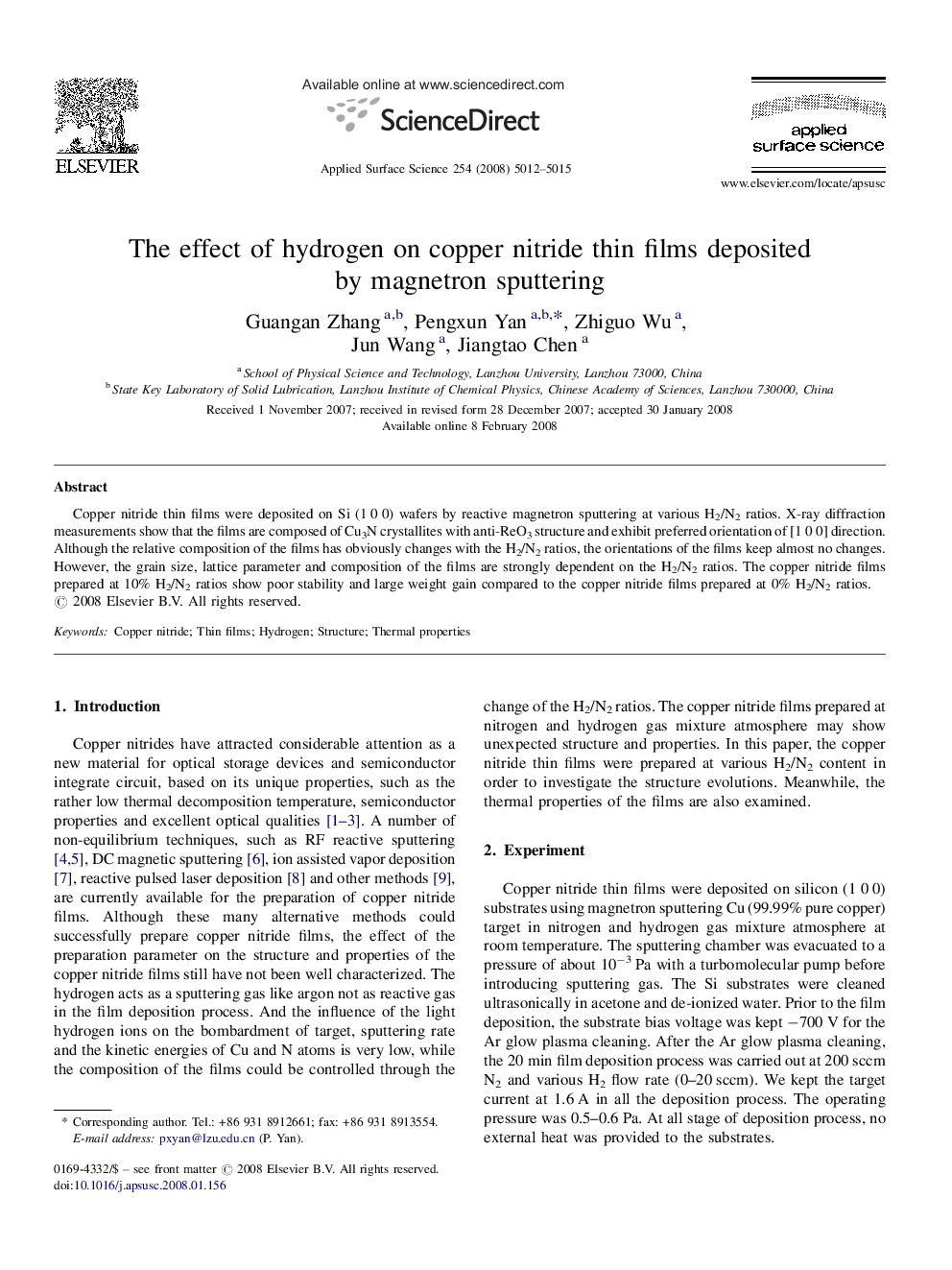 The effect of hydrogen on copper nitride thin films deposited by magnetron sputtering