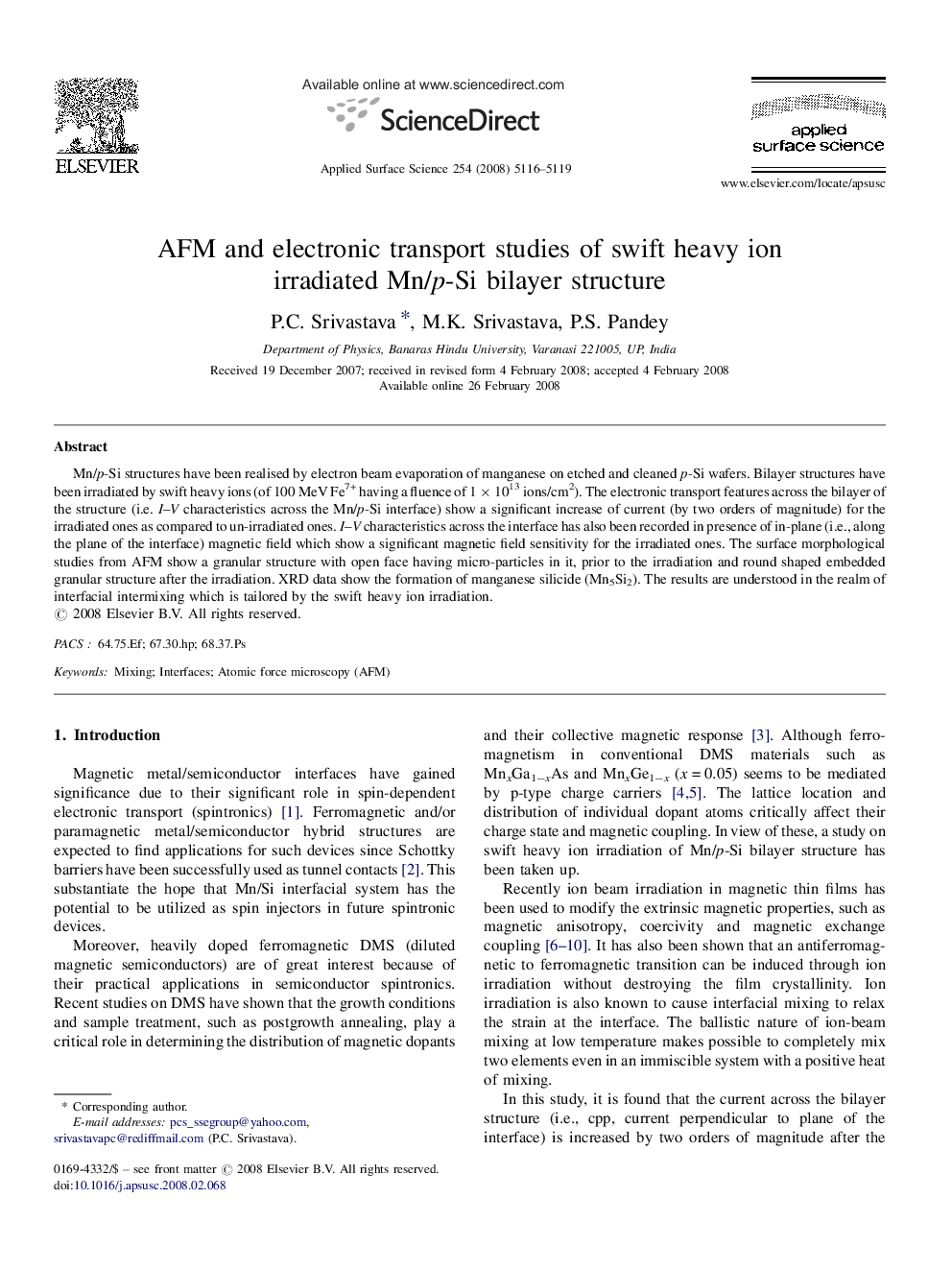 AFM and electronic transport studies of swift heavy ion irradiated Mn/p-Si bilayer structure