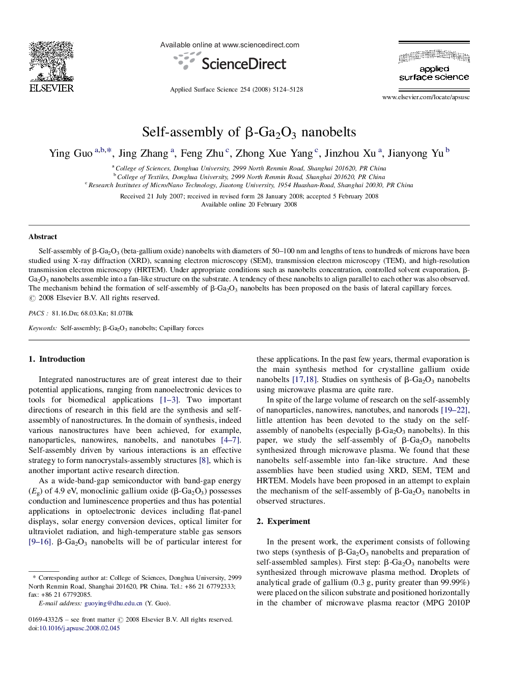 Self-assembly of Î²-Ga2O3 nanobelts