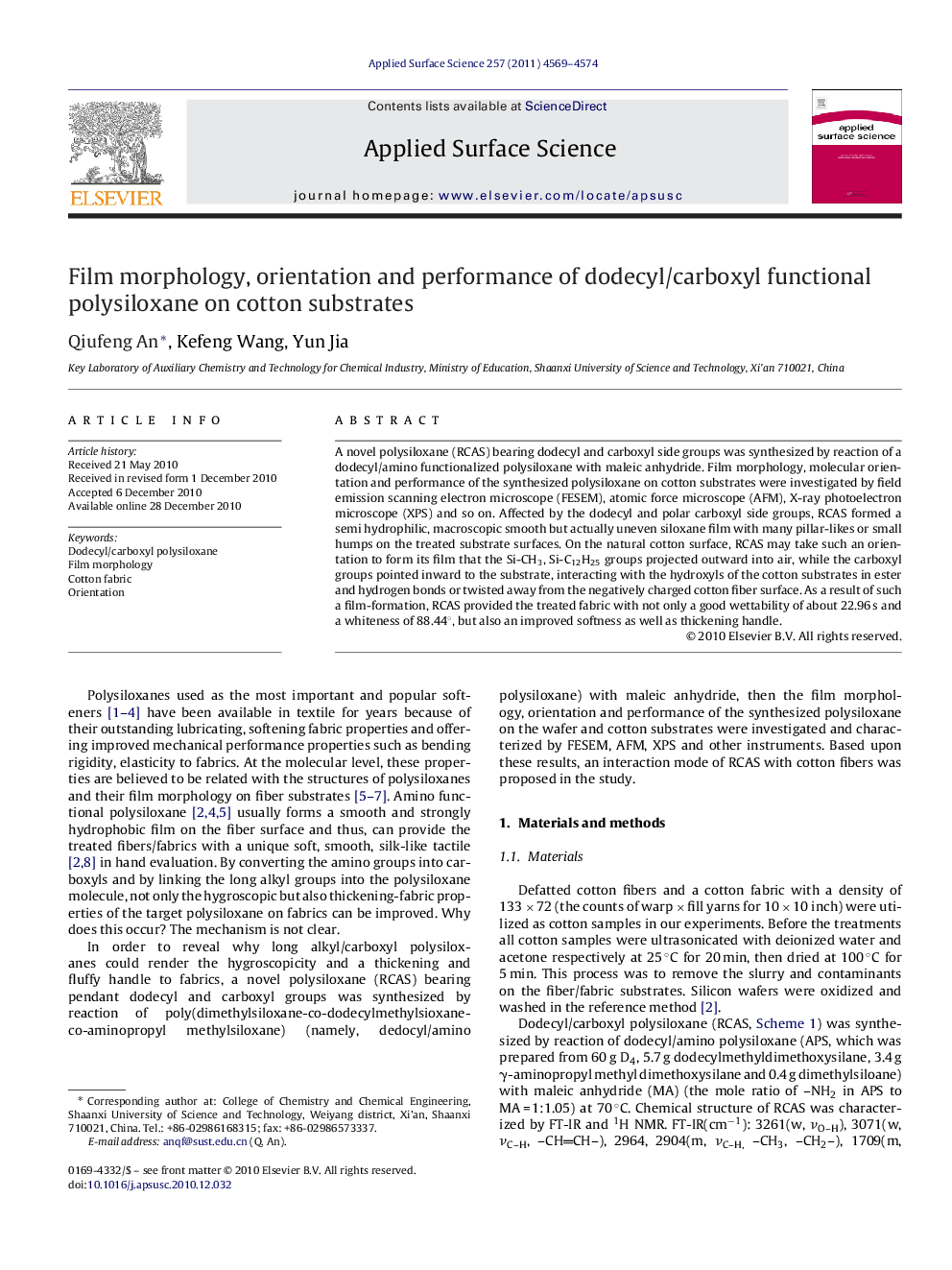 Film morphology, orientation and performance of dodecyl/carboxyl functional polysiloxane on cotton substrates