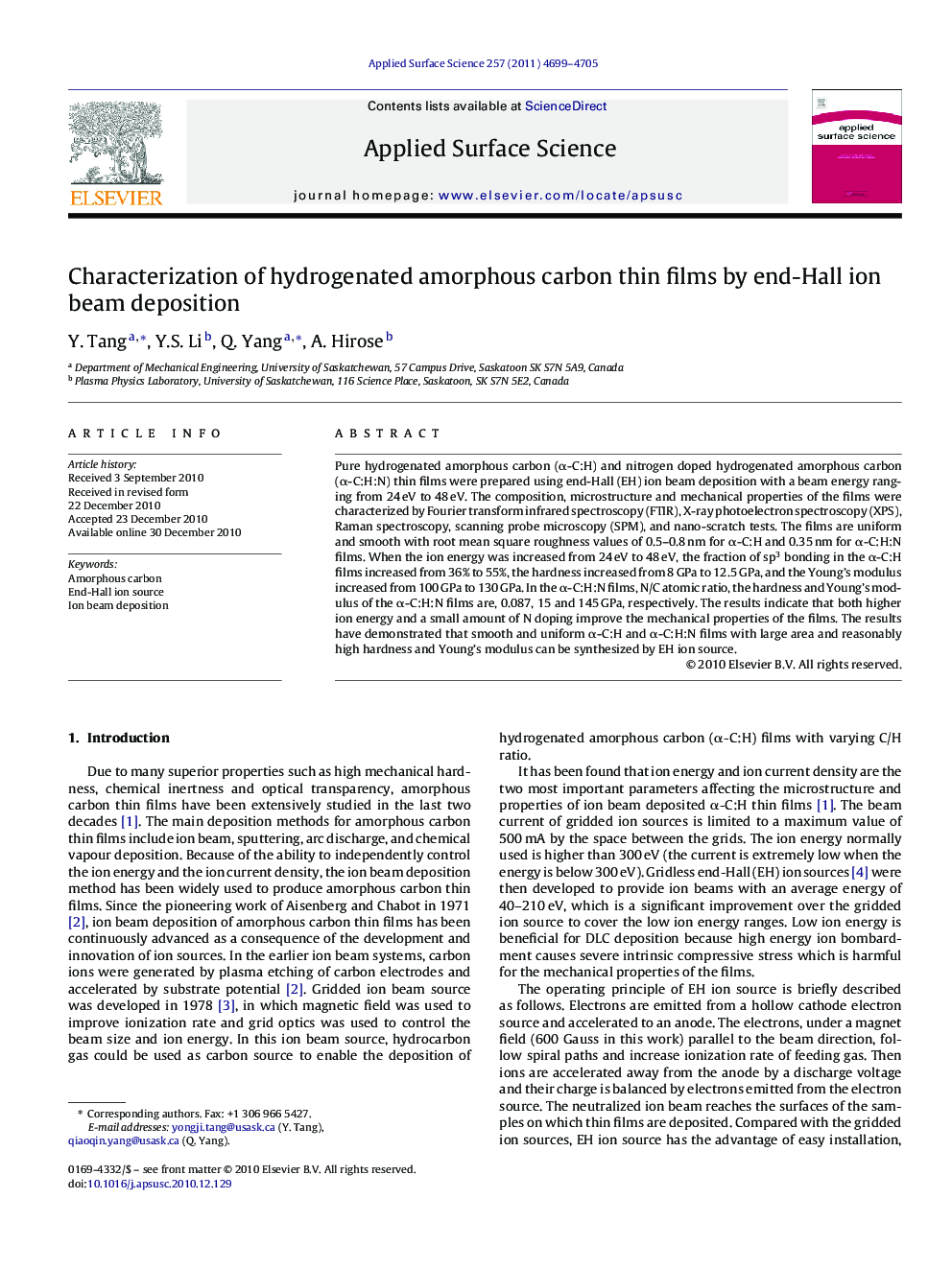 Characterization of hydrogenated amorphous carbon thin films by end-Hall ion beam deposition