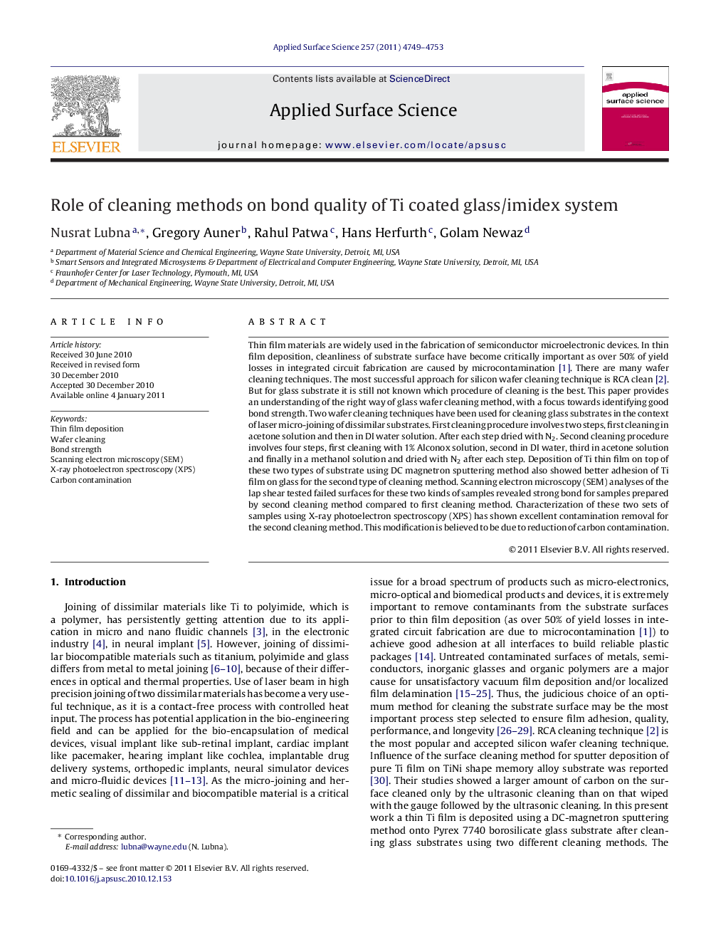 Role of cleaning methods on bond quality of Ti coated glass/imidex system