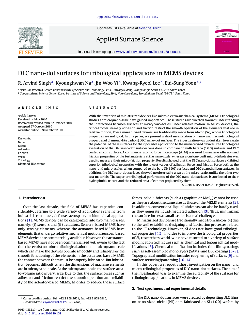 DLC nano-dot surfaces for tribological applications in MEMS devices