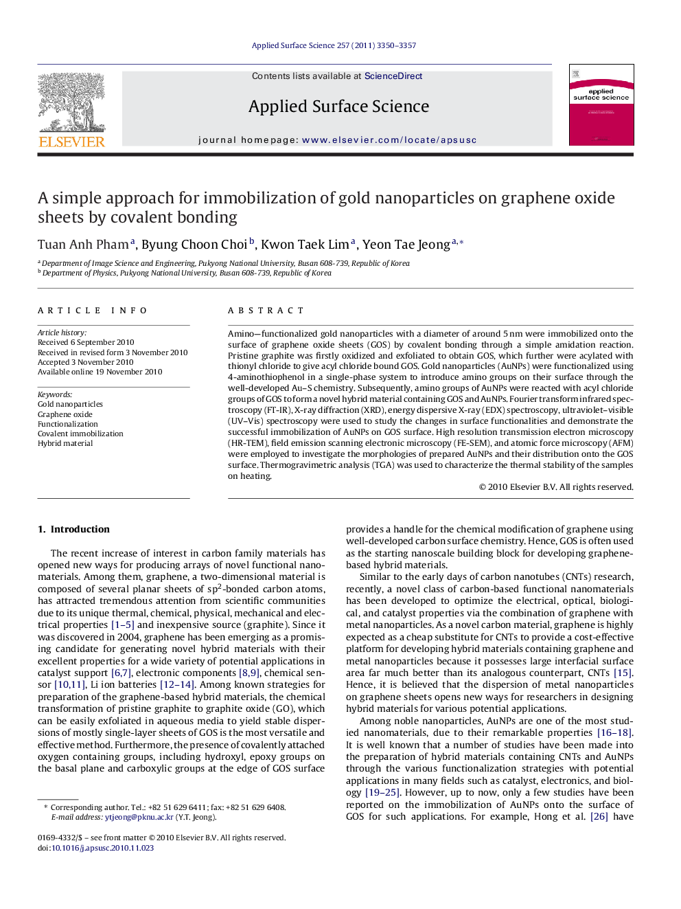 عکس صفحه اول مقاله: A simple approach for immobilization of gold nanoparticles on graphene oxide sheets by covalent bonding A simple approach for immobilization of gold nanoparticles on graphene oxide sheets by covalent bonding